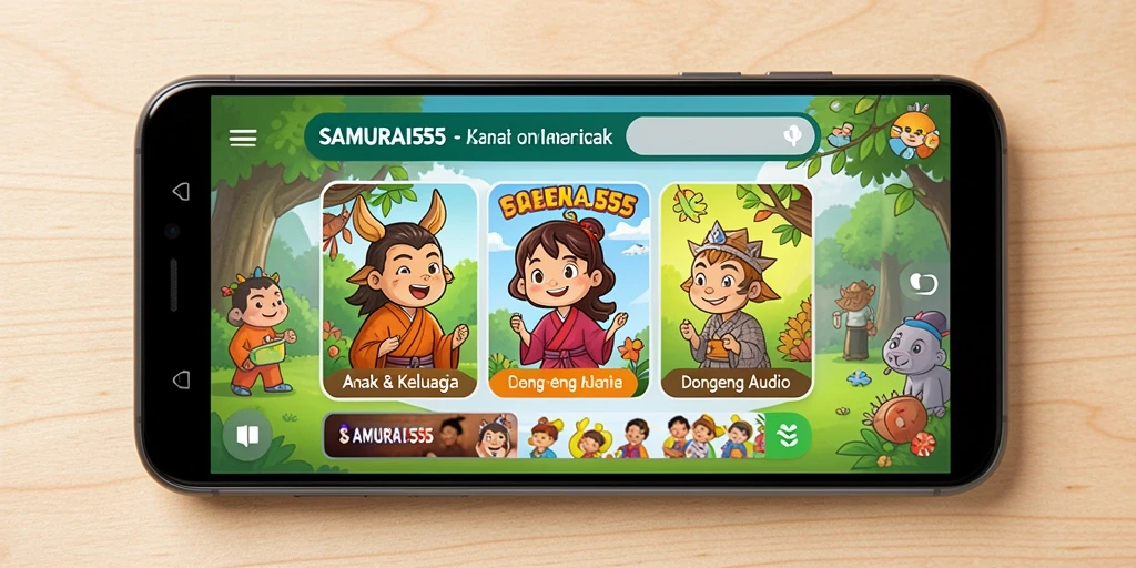 Antarmuka aplikasi SAMURAI555 menampilkan dongeng audio yang menarik untuk anak.